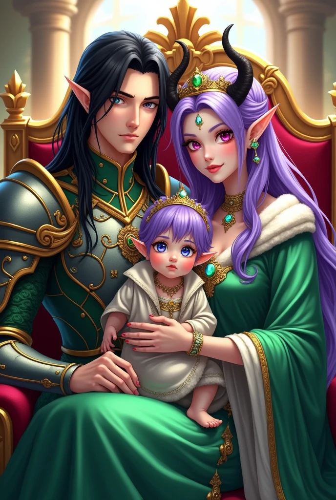 Male human with human ears, long straight black hair, wearing armor full of jewels (emeralds) and a crown with emeralds, RAF blue eyes, with a serious look, standing next to his wife, purple-haired woman, with horns black and elf ears, lavender fantasy skin, fuchsia pink eyes (green queen clothes with white medieval style and shiny crown), elegant pose, looking at the camera, sitting in an elegant chair, holding a male human baby with human ears, purple hair, RAF blue eyes, wearing prince's clothes, hugging his mother, detailed, daytime, sun rays, ultra detailed photography, 4k quality lighting, high resolution, masterpiece, anime style.