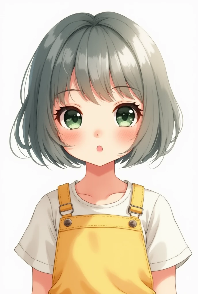 Portrait of a Beautiful, 5-6 years, gray gray hair, Short hair bob cut, big dark green eyes, Plump Bow Lips, light yellow jumpsuit, 真实感, water colour, 4K, high détail