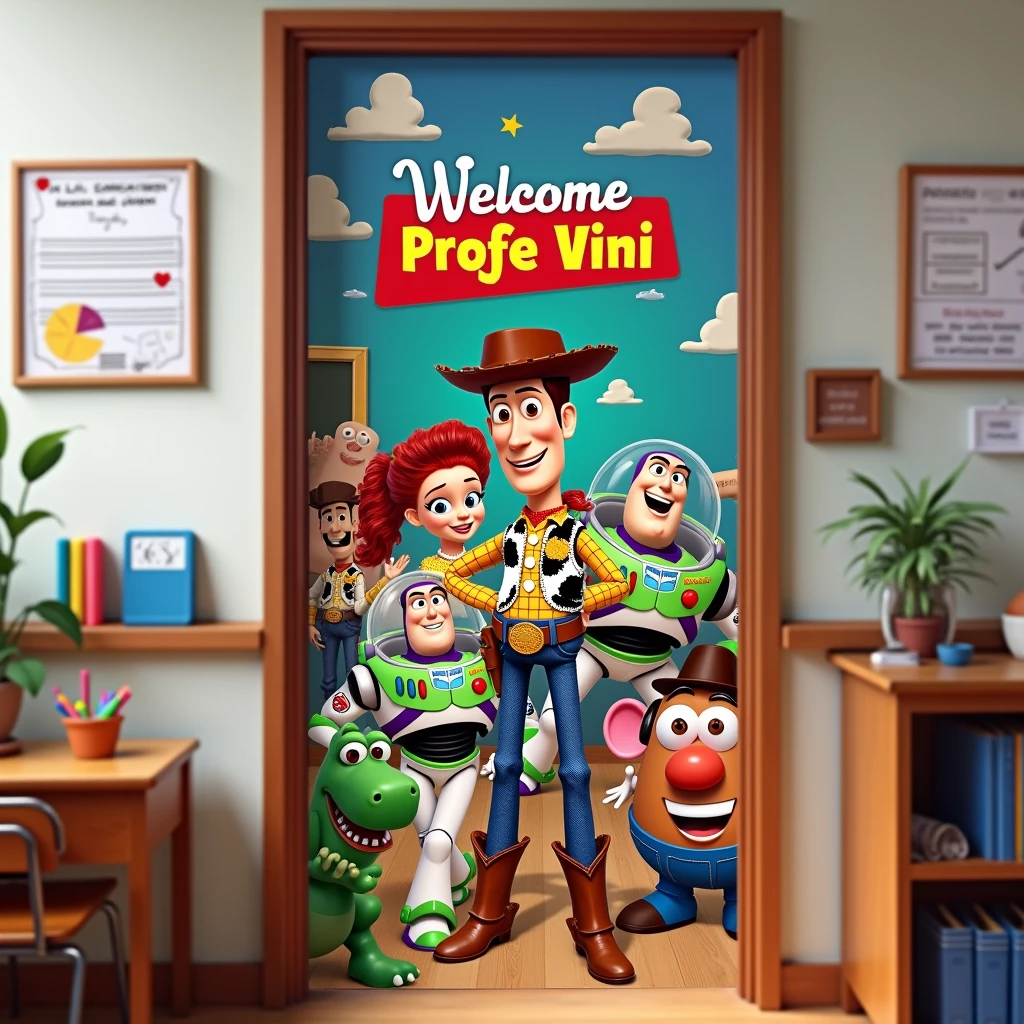 Generate an image of a door banner with a Toy Story theme. All the characters must be inside a classroom., at the top with the phrase welcome Profe Vini in Spanish.