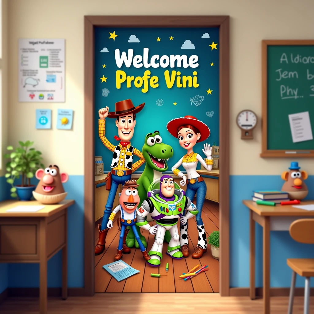 Generate an image of a door banner with a Toy Story theme. All the characters must be inside a classroom., at the top with the phrase welcome Profe Vini in Spanish.