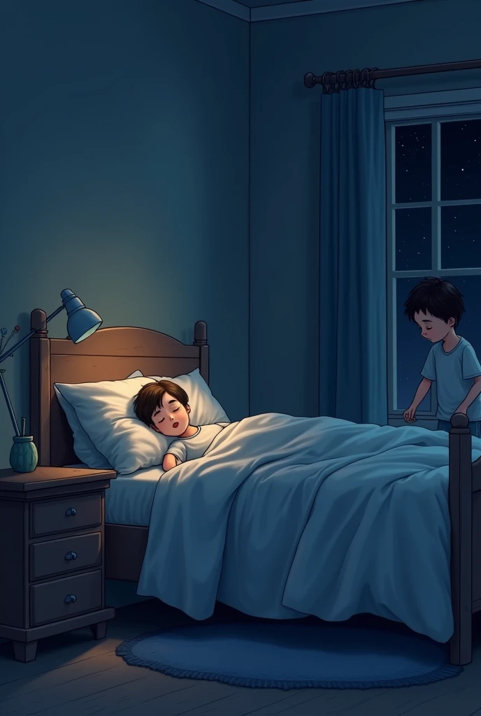 Big brother was sleeping in big bed and this brother was go out in bed. Night time 
