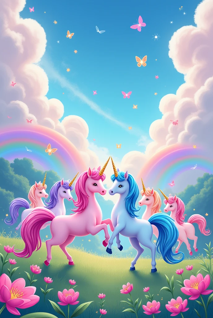 Unicorns in their colorful world full of rainbows and lots of pink and blue anime-like colors, very cute
