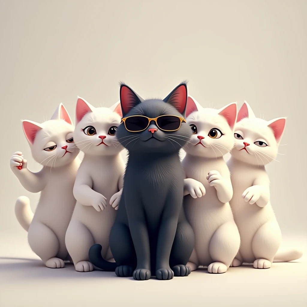 Black cat wearing sunglasses, surrounded by five white cats standing in a line like a cool boy band, stylish poses, humorous and playful vibe, highly detailed, cinematic lighting, cartoonish yet realistic style