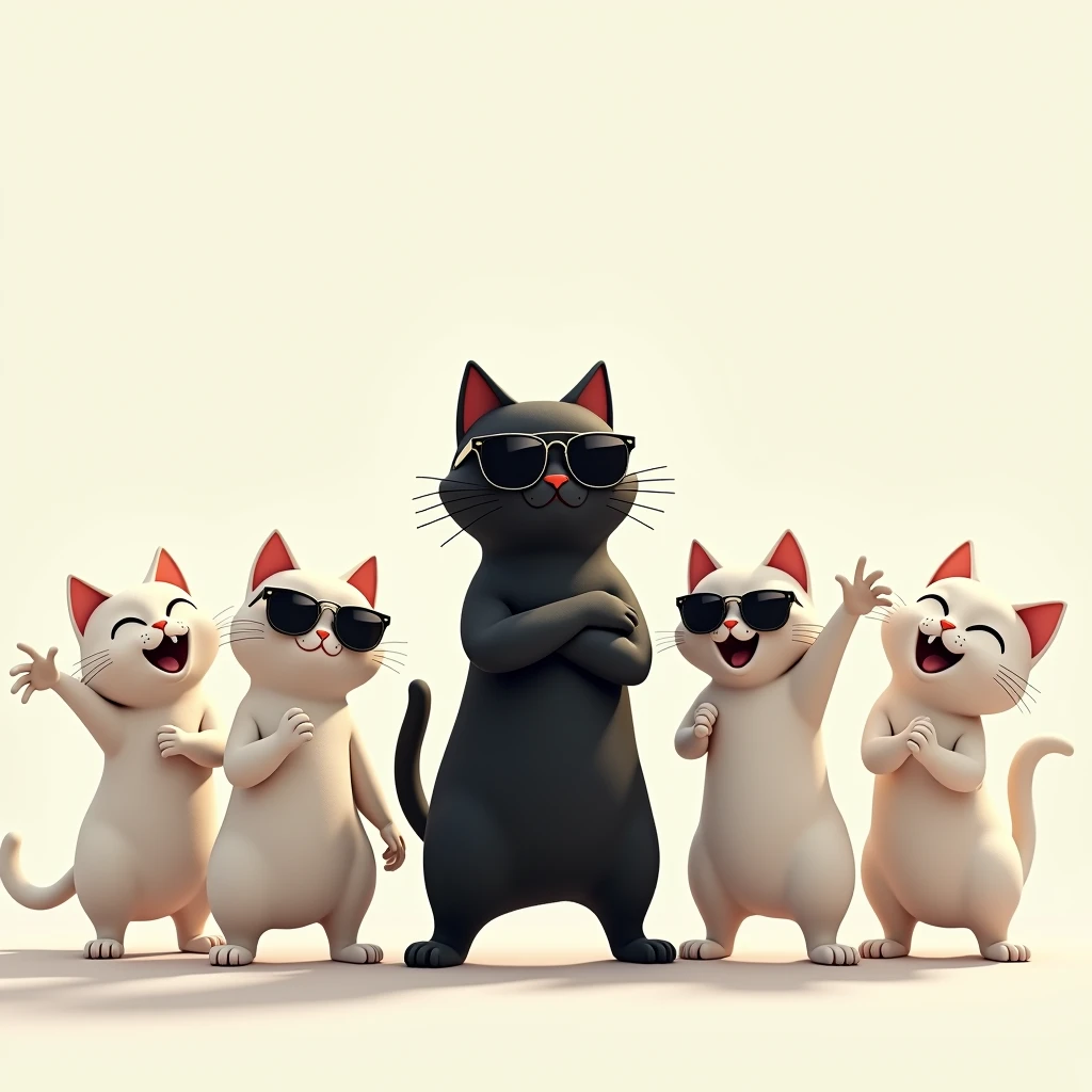 Black cat wearing sunglasses, surrounded by five white cats standing in a line like a cool boy band, stylish poses, humorous and playful vibe, highly detailed, cinematic lighting, cartoonish yet realistic style