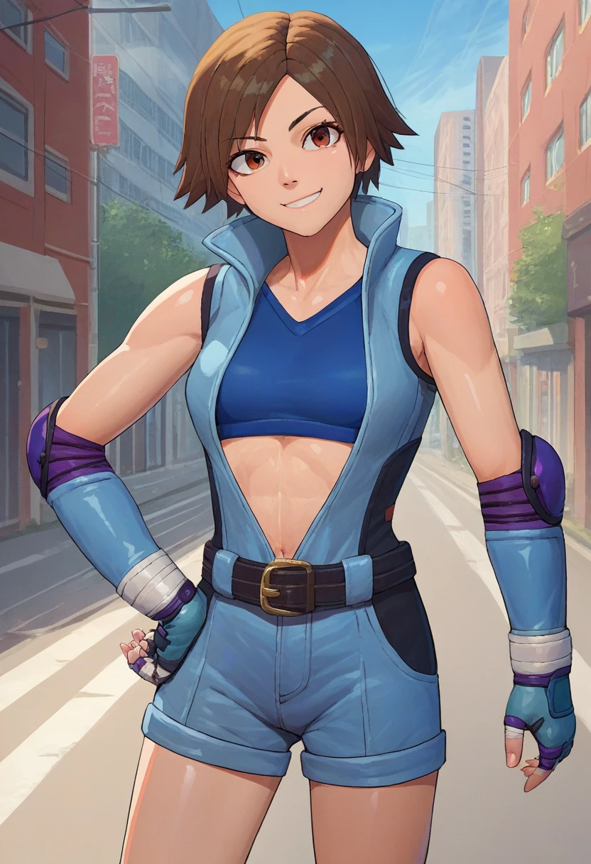 score_9, score_8_up, score_7_up, source_anime, solo, 1girl, asukadef, smile, looking at viewer, hand on hip, short jumpsuit, sports bra, elbow pads, fingerless gloves, shorts, belt, outdoors, city street 