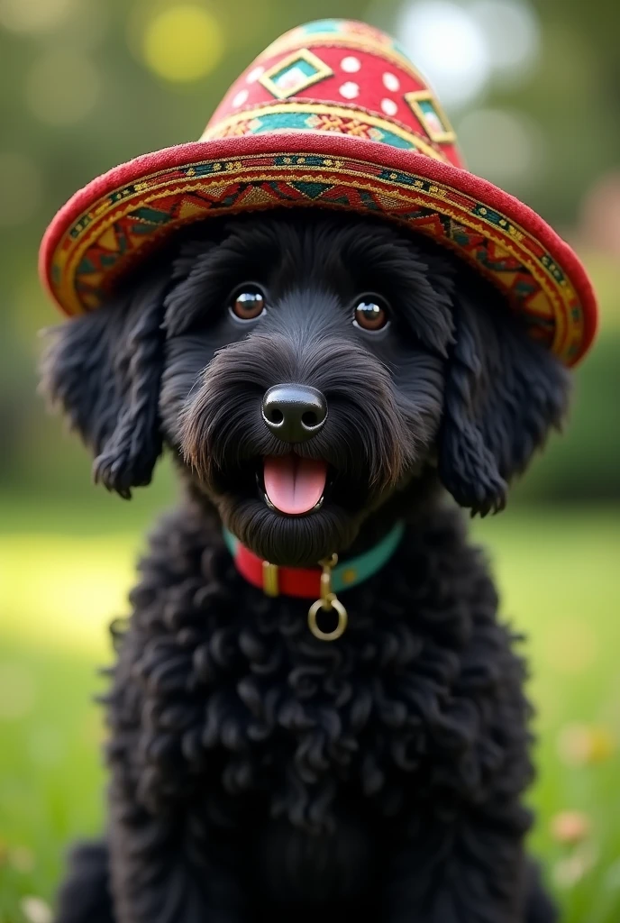A black Labradoodle wearing an Arabian hat