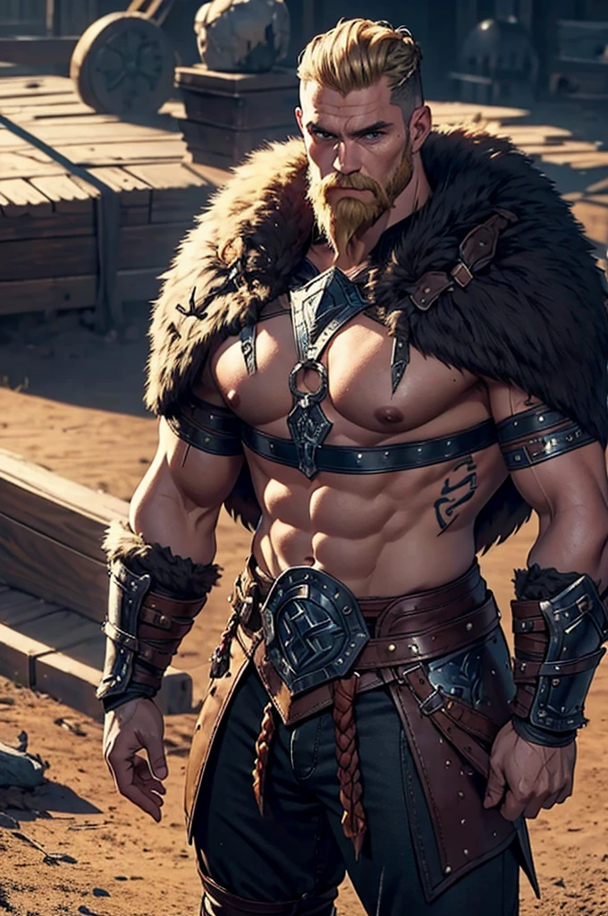 1man, viking, whole body, (work of art), best qualityer, high resolution, 4K, 8k, detailed illustration, intricate-detail, cinematic lighting, incredible quality, male fit, amazing shading, soft lighting, front camera, blonde beard, short beard, blond hair, short hair, braided hair, black tattoo, nordic tattoos, (, wearing a shirt, wearing leather armor, wearing leather chest armor, chest covered by leather, wearing black fur)