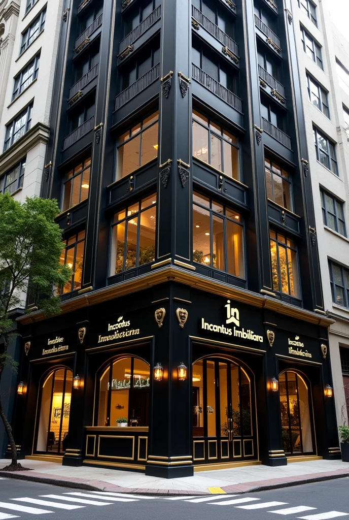 corner real estate property , with accessible facade and sidewalks , black and gold color with Incantus Imobiliaria sign , black and gold , desk