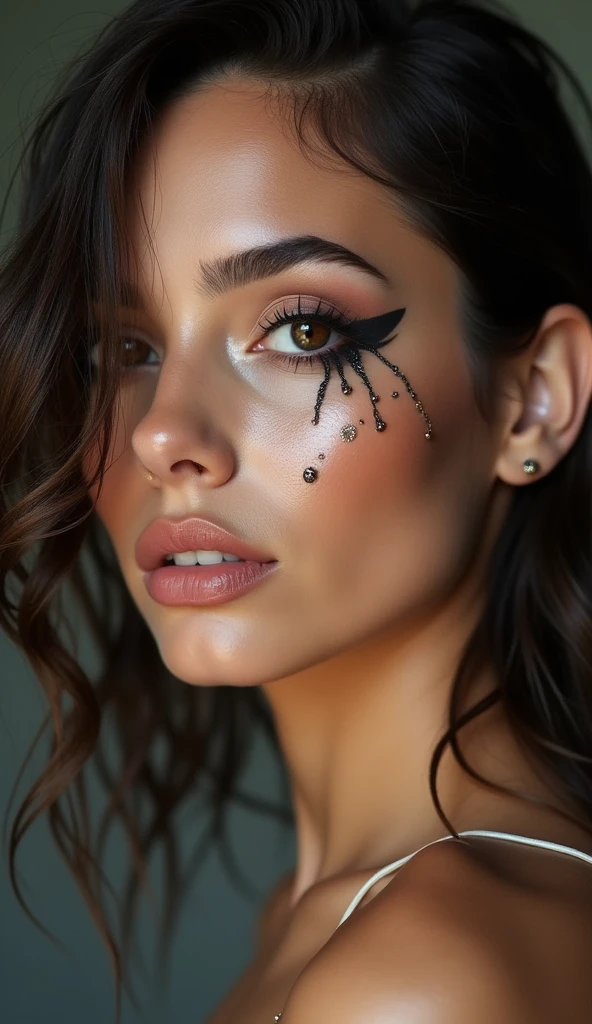 Sexy face portrait with wet hair. Woman with gangster-style sexy face make-up
