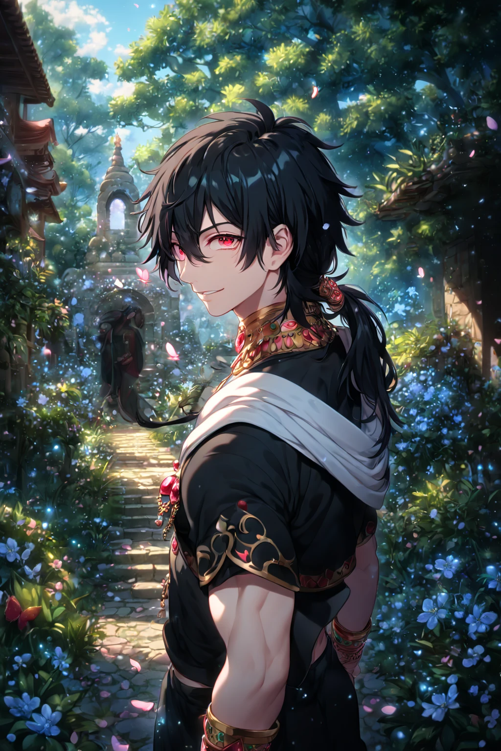 absurdres, highres, ultra detailed, HDR, master piece, best quality, extremely detailed, detailed face, detailed eyes, Judar, black hair, segmented long low ponytail, expressive red eyes, Magi: The Labyrinth Of Magic, solo, sexy man, handsome, smile, manly man, sensual, Indian white chunnari around his shoulders, small short-sleeved black midriff-baring choli, black Indian pants, golden necklace with a ruby, golden bracelets, garden, cherry blossoms, pink petals, pink flowers, pink butterflies, blue sky, fantasy, magical