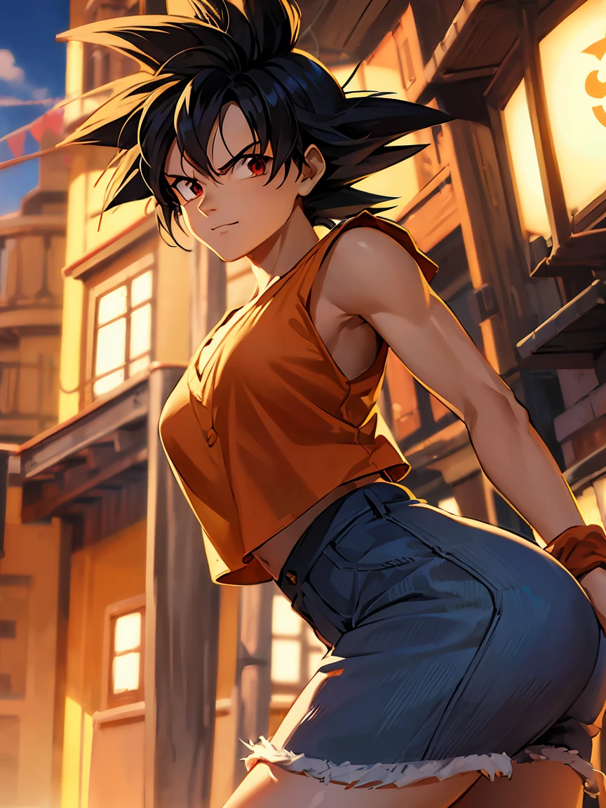 
---

"Create a character that is a fusion of Monkey D. Luffy e Goku. She must have Goku&#39;s spiky black hair, mixed with Luffy&#39;s straw hat and red outfit. The character must display an energetic and adventurous appearance., with a confident smile."

---