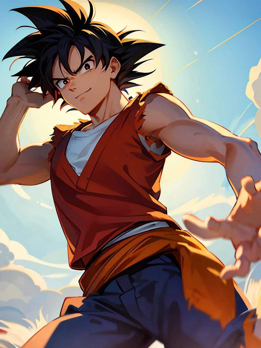 
---

"Create a character that is a fusion of Monkey D. Luffy e Goku. She must have Goku&#39;s spiky black hair, mixed with Luffy&#39;s straw hat and red outfit. The character must display an energetic and adventurous appearance., with a confident smile."

---