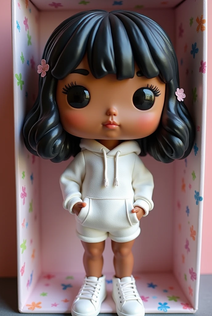 Make me a funko pop of a girl with straight black hair and curly ends with a white fleece sweatshirt with white gym shorts with flower-shaped glitter decoration with the box on the side with the name Safirah Manuella and the box personalized with flower-shaped glitter all over the box 
