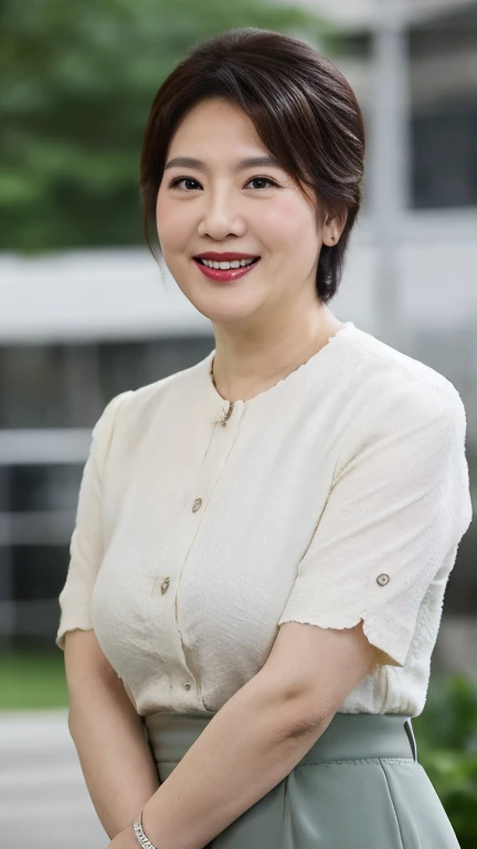 , best quality, , 非常detailed, detailed, high resolution, 8k wallpaper, Perfect dynamic composition, 1 Beautiful plump mature woman, , Wearing a short-sleeved shirt, Long skirt, short hair, Large Breasts, Natural lipstick, Random Pause,Toothy Smile, , A plump 50-year-old, Fashionable Cafe, Background blur