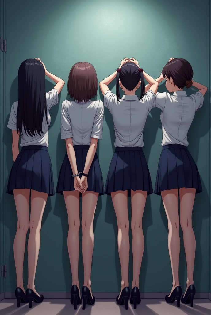 Police raid girls' school, four girls stand in a row against a wall facing the wall with their legs apart, two in handcuffs behind their backs, the other two hold their hands behind their heads, dressed in a school uniform of a tight blouse, short skirt, translucent stockings above the knee and high heels, anime