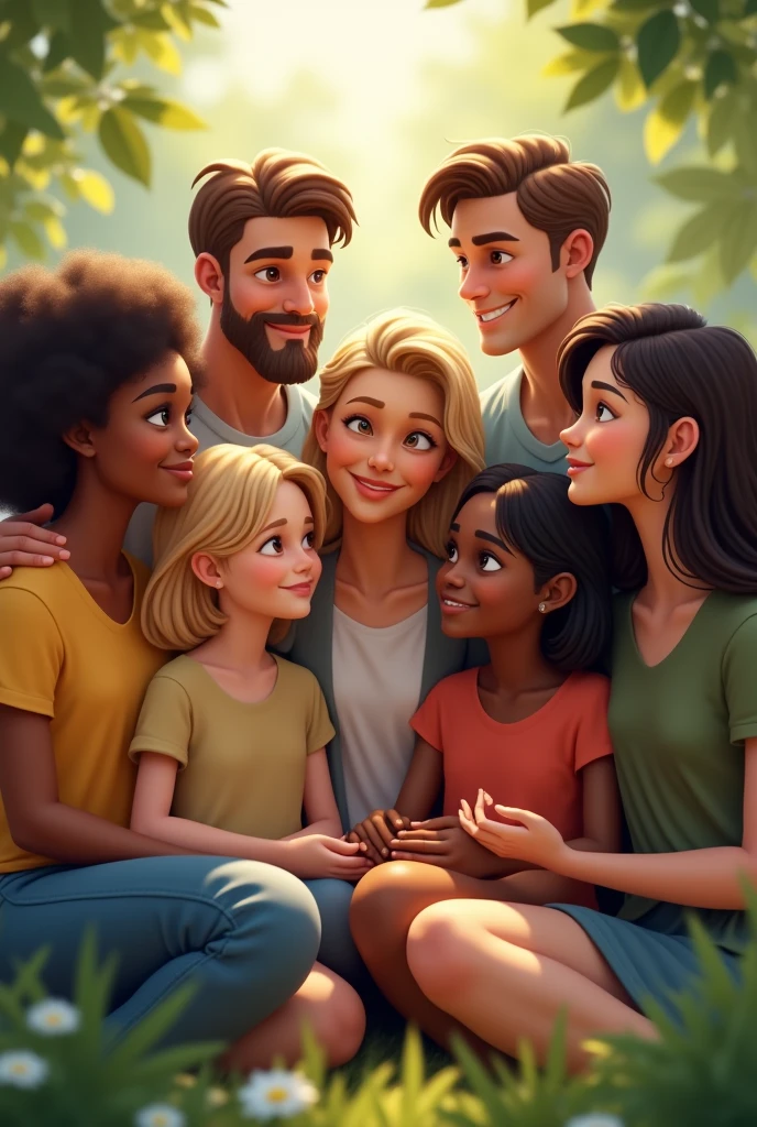 two blonde girls,two black girls and two white men with brown hair