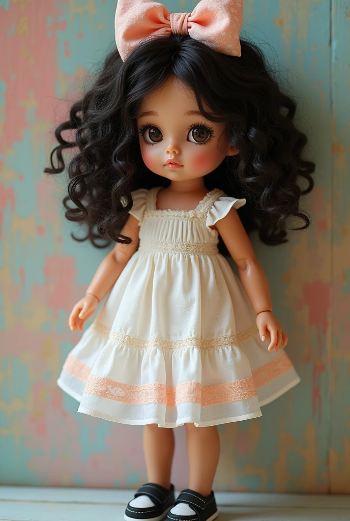  doll shape,Caucasian skin,Eye Brown, Black curly hair, light dress, black sneakers of course, colorful bow