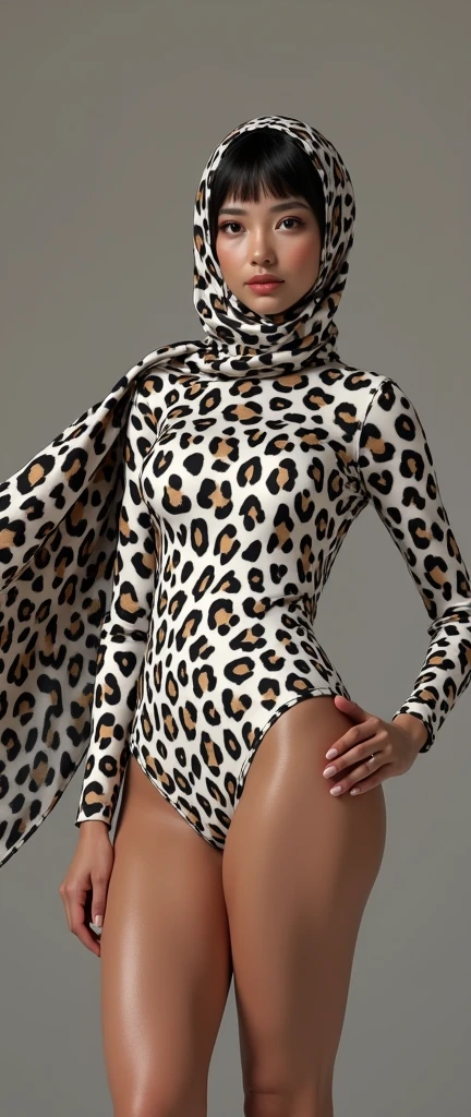 The beautiful,slender thin and clever asian muslimah adult girl with beautiful and shiny cheeks wears leopard print lycra turtleneck unitard catsuit covered with spots and leopard print lycra elastane stretchy dancewear square hijab covered with spots.