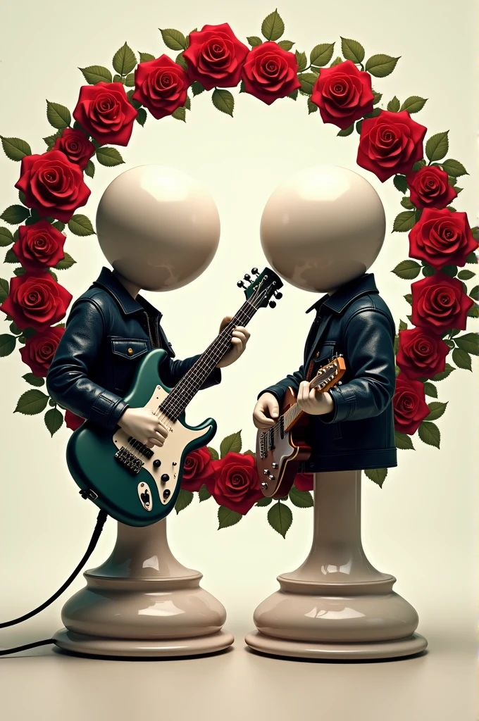 Create two characters that are chess pawns wearing a leather jacket and holding an electric guitar.. The head should be spherical without eyes similar to a real chess pawn and without legs but like the base of a real chess pawn... The base, The head and hands must be white.... Surround the characters with a circular garland of red roses like the Guns N' Roses band logo.'n roses