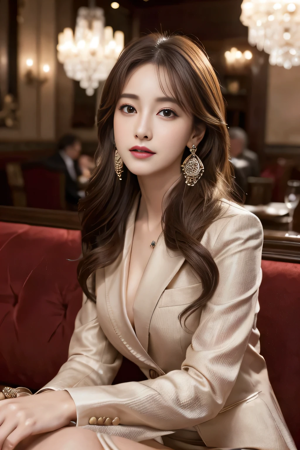 masterpiece, Highest quality, Realistic, Very detailed, Finer details, High resolution, 8k wallpaper, One beautiful woman, Wear a nice suit, In a great restaurant, At night, Light brown messy hair, Perfect dynamic composition, Beautiful and beautiful eyes、Big earrings、Sit on the sofa