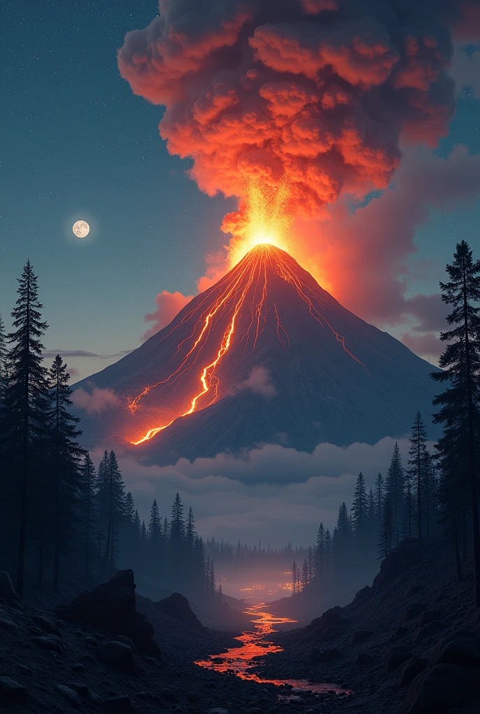 A volcano erupting in the middle of a dense forest on the horizon, far away on a starry night