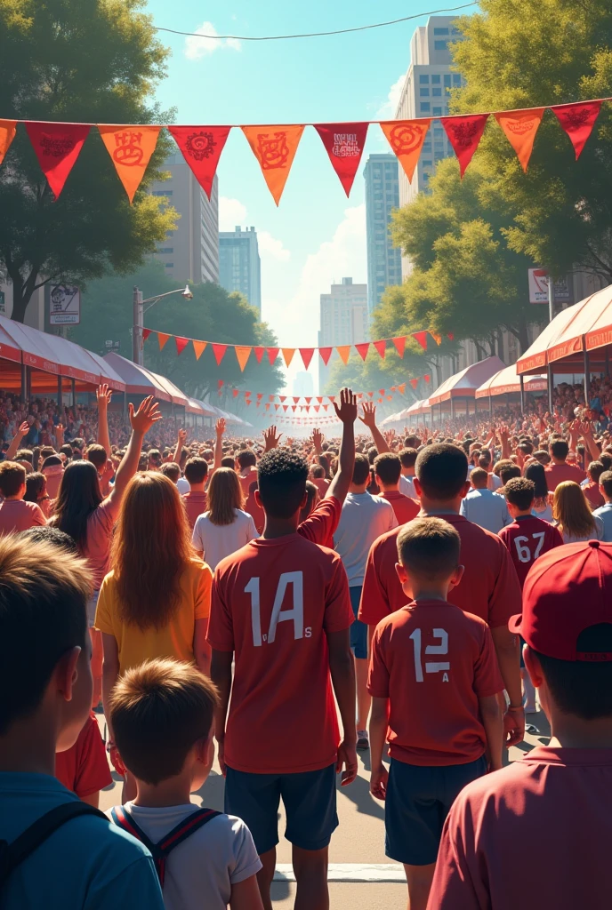 painting-like, American football, fans on the street, funfest, fullcolor, flags, children, Women, Men, ELDERLY.