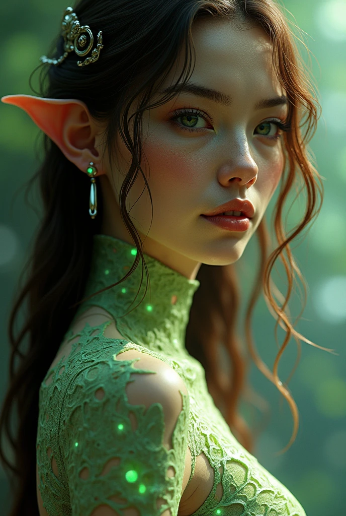 Create a highly detailed, semi-realistic portrait of a female character with the following features:

	•	Skin Tone: Light olive complexion with iridescent patches that shimmer under certain angles, creating a pearlescent effect. The iridescence should be particularly noticeable on her cheekbones and forearms.
	•	Hair: Long, wavy brown hair with bio-synthetic strands that glow faintly in low light. The hair should shift colors between auburn and gold. The strands should have the ability to change texture, becoming stiffer when needed.
	•	Eyes: Bright green eyes with an additional reflective layer, giving them a luminous quality, especially at night. The pupils should be slightly larger than a human’s, and the sclera should have a faint greenish tint that blends with her irises.
	•	Facial Features: A slightly elongated face with delicate, ethereal features. Her ears should be slightly pointed, adorned with subtle, retractable bioluminescent patterns that glow softly. Her nose should be streamlined, with a faint glow along its ridge.
	•	Body Type: A curvy, streamlined, and graceful build, with prominent hips and bust. Her fingers and toes should have subtle webbing, indicating an aquatic adaptation. Her skin should have faint bioluminescent lines that trace along her spine and ribs.
	•	Clothing: If applicable, dress her in a bio-engineered suit that mimics the texture of plant leaves, with shifting green and iridescent patterns that match her skin.

The overall image should emphasize her ethereal, slightly otherworldly appearance, blending human and advanced evolutionary traits.