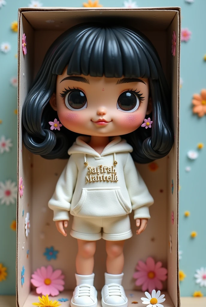 Make me a funko pop of a girl with straight black hair and curly ends with a white fleece sweatshirt with white gym shorts with flower-shaped glitter decoration with the box on the side with the name Safirah Manuella and the box personalized with flower-shaped glitter all over the box