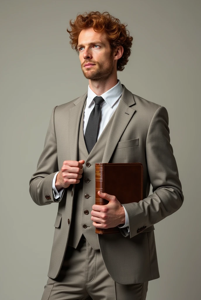 A tall, curly-haired man in a suit, tie, dress pants and a Bible in his hand, white man without a beard with freckles on his face and thin