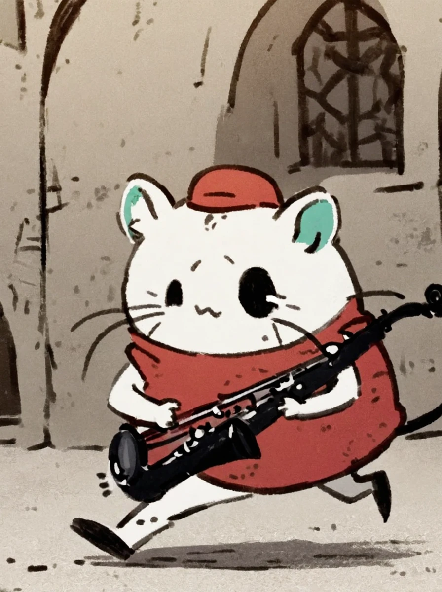 1Beetle, Pekingese Orchid mantis, charcoal White skin, Black Circle Eye, Pink slit pupils, no humans, Red Agal Hat, Black Tie, Red Bulletproof Vest, playing Saxophone, running, Church, Style of MFKZ and Helltaker