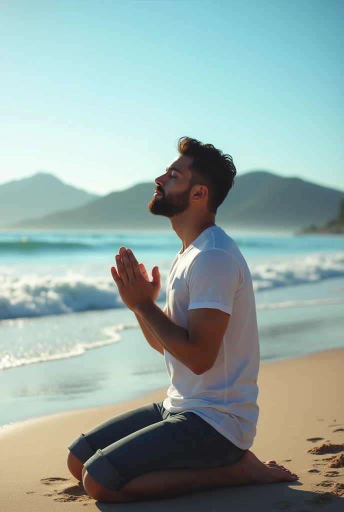 Side view photo, handsome man praying on the beach, hands clasped in prayer, beautiful seascape under the clear blue sky, undulating mountains in the distance, beautiful scenery, high resolution and professional portrait photography style, surreal and cinematic style, 4k