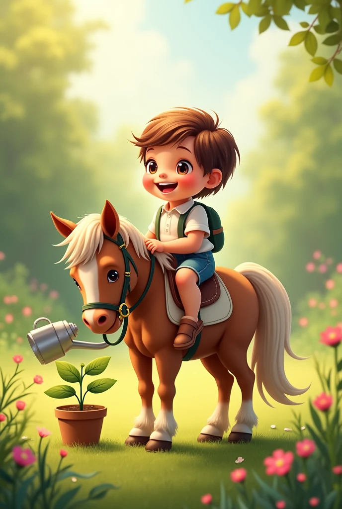 smiling child, riding a horse and watering a small plant on the ground.