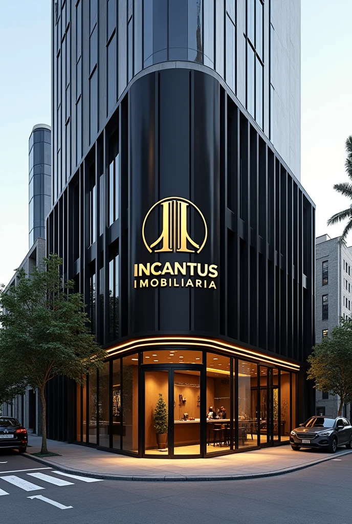corner real estate property , with accessible facade and sidewalks , black and gold color with Incantus Imobiliaria sign , black and gold , office ground floor