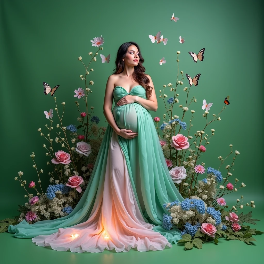 pregnant woman in green dress surrounded by flowers and butterflies, a colorized photo by Elena Guro, shutterstock, conceptual art, blue and pink colors, blue and pink, blue and pink color scheme, cyan photographic backdrop, pink and blue colour, pink and blue colors, flowing gown, pastel blues and pinks, lady with glowing flowers dress, pink and green