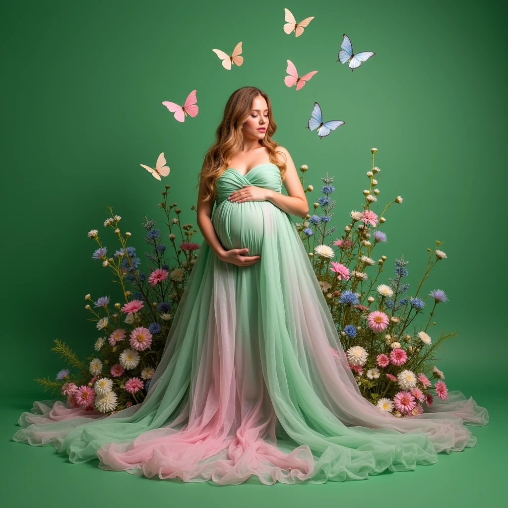 pregnant woman in green dress surrounded by flowers and butterflies, a colorized photo by Elena Guro, shutterstock, conceptual art, blue and pink colors, blue and pink, blue and pink color scheme, cyan photographic backdrop, pink and blue colour, pink and blue colors, flowing gown, pastel blues and pinks, lady with glowing flowers dress, pink and green