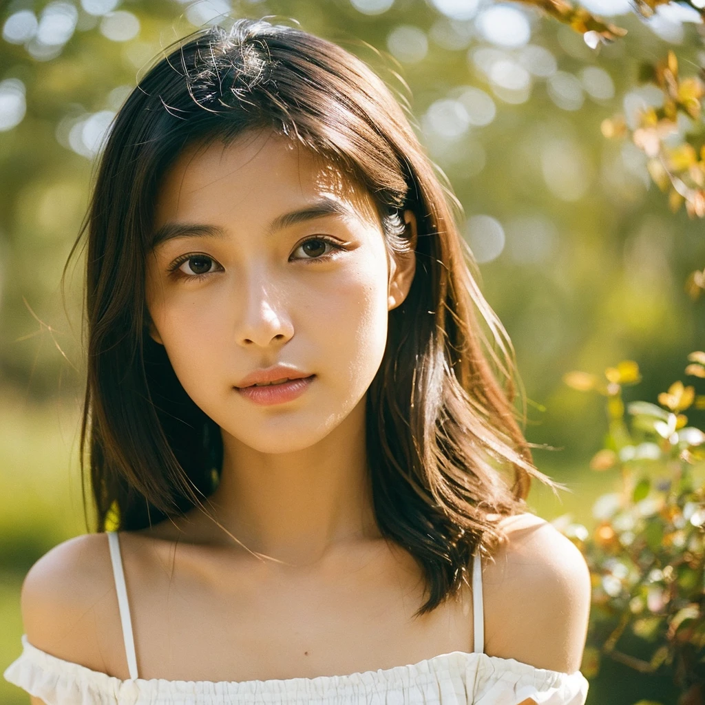 A hyper-realistic close-up image of a single Japanese woman in her early 20s, captured with the nostalgic warmth and subtle graininess of a film camera, focusing on her face and shoulders. Her skin has a warm beige tone with a natural, slightly rough texture that includes visible pores, fine lines, and subtle imperfections such as small blemishes, adding to the authenticity of her appearance. The soft, diffused natural light typical of a sunny summer day casts gentle, warm shadows on her face, enhancing the film-like quality while maintaining the realistic texture of her skin. Her straight, glossy black hair is slightly tousled by a gentle summer breeze, framing her face naturally. She is wearing a light, summery outfit, perhaps with straps visible at the shoulders, that complements her natural beauty and suits the warm weather. The film camera effect introduces a slight grain and a softer focus, giving the image a warm, nostalgic atmosphere while preserving the realism of her skin and features. The overall composition captures the serene and effortless elegance of a summer day, with the focus on the realistic texture of her skin and the timeless quality of the film camera aesthetic.