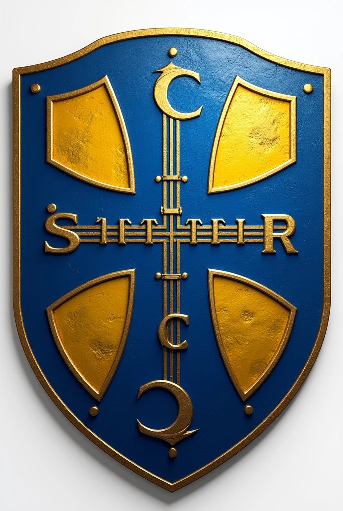 Create an image with a blue and gold cross-shaped shield of a football club and add the name Shakhtar Daleste F. C out the shield