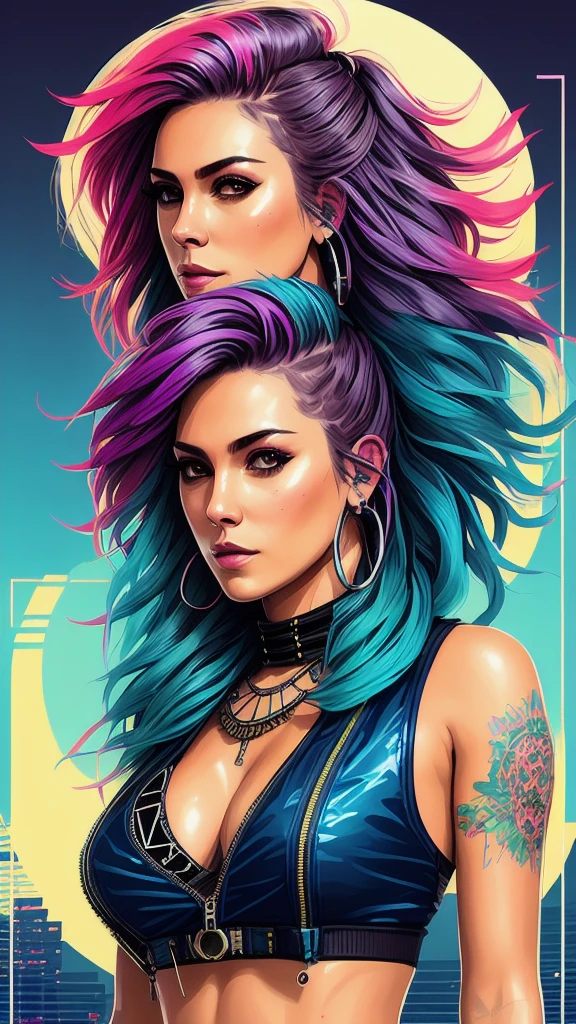 swpunk style synthwaveaward winning half-length portrait of a woman in a motel, big breasts and hot body naked, with teal navy blue ombre hairstyle with flying hair, paint splatters, splashes, overdrive, vaporware, shaded flat illustration, art digital, artstation trends, highly detailed, fine detail, intricate, imagem sem nenhum defeito, bracos correto cabeca correta
