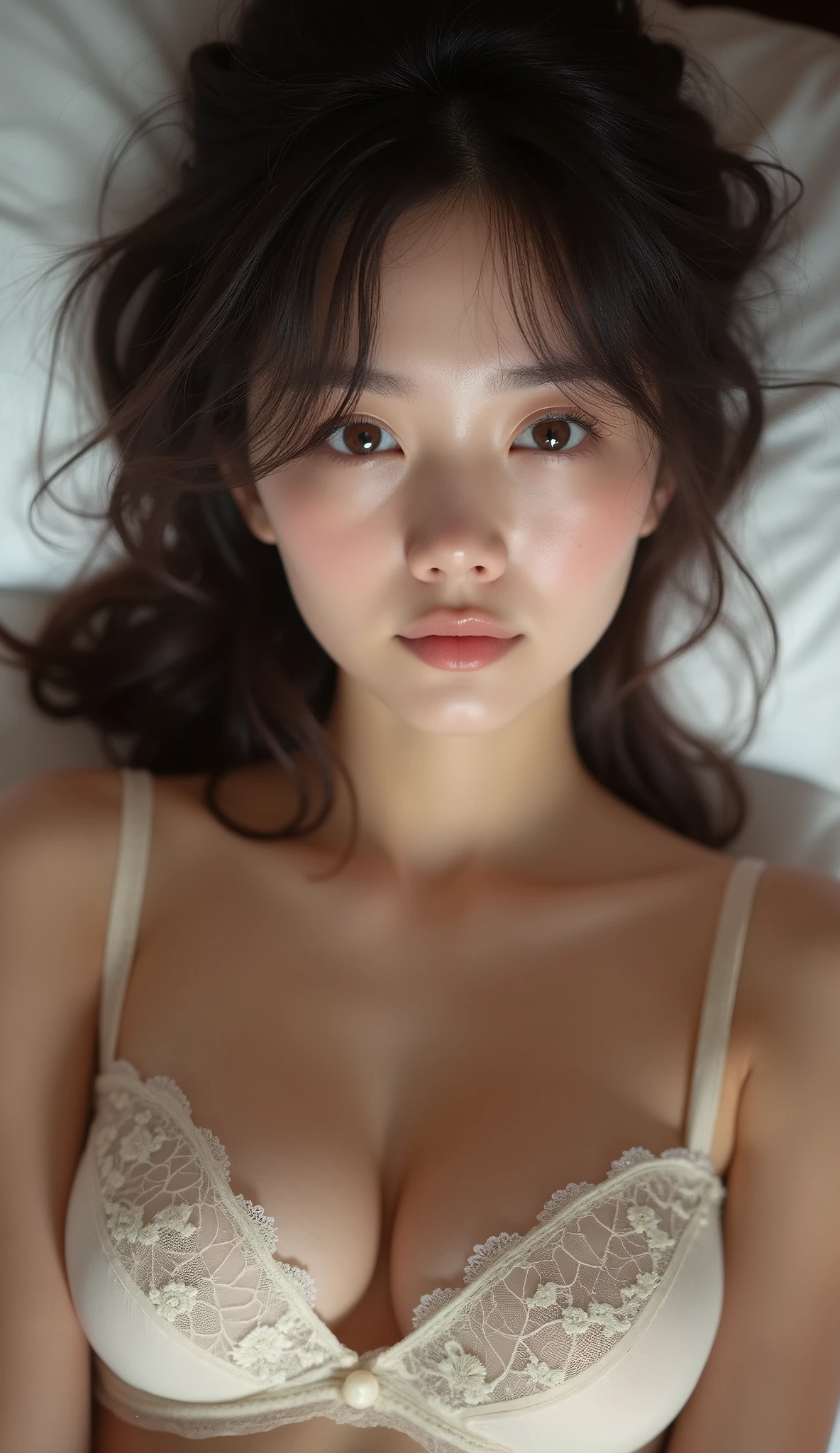 raw photo, ung girl, kawaii, brown eyes, sexy, unique, individual, distinctive face, extremely detailed eye and face, fair skin, lace cute See-through bra, beautiful breasts, upper body, (Best Quality, highly detailed:1.2) High-definition raw color photos, professional photograpy, Realistic portrait, breathtaking beauty, lying on the bed, pillow, indirect lighting, from above