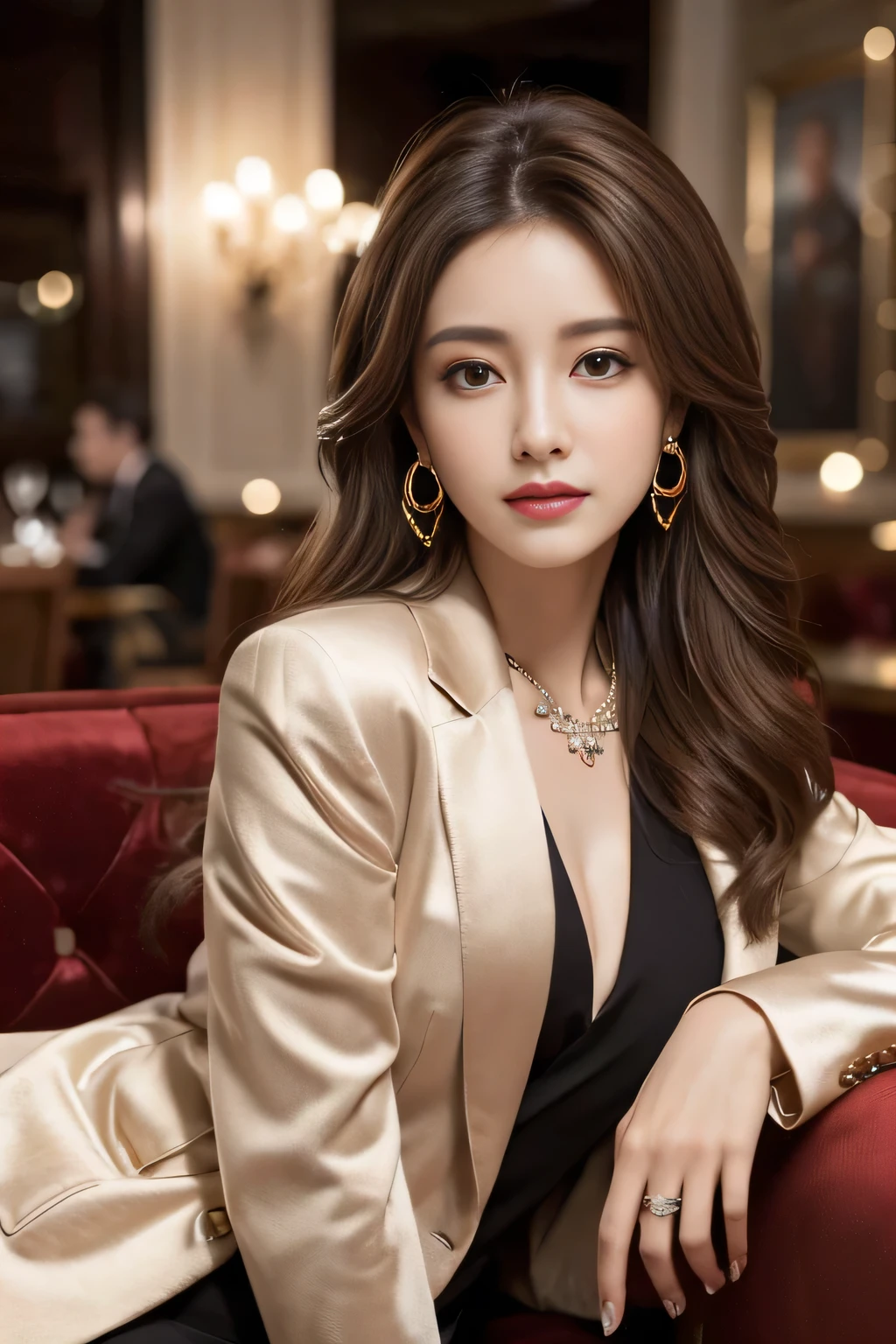 masterpiece, Highest quality, Realistic, Very detailed, Finer details, High resolution, 8k wallpaper, One beautiful woman, Wear a nice suit, In a great restaurant, At night, Light brown messy hair, Perfect dynamic composition, Beautiful and beautiful eyes、Big earrings、Sit on the sofa