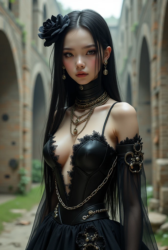 (A work of art of exceptional craftsmanship),(detailedなイラスト,(A very ideal art based on anatomy),非常にdetailedでdetailedな描画,Delicate lines with slow and fast movements,(Realistic texture expression)),[color tress main line],[Ruins Background],Hentai (Machine Alice (beauty) (expensive [upscale]  (Smooth straight hair [Crystal clear long hair]))) automaton,((Black Dress) Black Rose (Lace pattern [Hishi]) ((Cybernean Alien Armor) ((Through materials))) (Cyber Gothicta [Titanium Alloy] [chain])),[Bondage Fashion],(Perfect balance),(Fine and beautiful skin expression [Realistic skin detail]),(Top-notch design,[Advanced structural understanding of materials],Ideal color coordination),(Intricate and beautiful decoration (Intricate details)),(About shiny hair),[Perfect handcrafted detail],(Beautiful perfect face [Realistic facial details]),[Clear line of sight],[Long and beautiful eyelashes],[Perfect eye detail (Beautifully drawn eyes in every detail)],(detailed,High definition),((Precision in the details),[Multilayer Texture],high quality,High resolution),[(Accurate simulation of light-matter interactions),Understanding air flow,Mechanically correct representation],[Storytelling visual art] [Like the whole body],[[Low chroma intensity]].