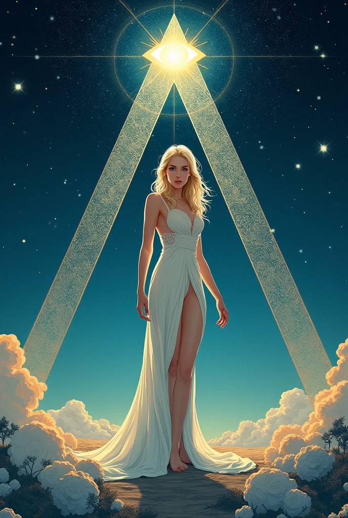 label for beer "MONJE OF SKY": central character: A pretty woman, 200cm tall wide hips, beautiful and blonde in an elegant dress, barefoot looking at the camera. Symbolic Element: The woman is located inside an equilateral triangle, that stands out in the design. bottom: A starry night sky, using bright and light colors. Mystical element: in the sky, There is a second smaller equilateral triangle with an eye in the center (in the style "All-seeing eye").