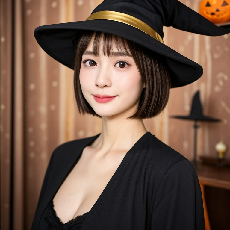 (kawaii 24 year-old Japanese girl, Nogizaka idol, Korean idol), healthy female athlete body, (glossy brown hair, short hair, pixie cut, bangs:1.3), (rounded face, beautiful black eyes, single eyelid, no makeup:1.2), (looking at viewer, soft smiling), (wearing witch's hat, long sleeved witch's costume:1.3), perfect shaped extra small breasts, BREAK, (living room in the lodge background, halloween pumpkin on back:1.2), (dynamic angle, bust shot:1.3), BREAK, (masterpiece, best quality, photo realistic, official art:1.4), (UHD, 8K quality wallpaper, high resolution, raw photo, golden ratio:1.3), (shiny skin), professional lighting, physically based rendering, award winning, (highly detailed skin, extremely detailed face and eyes, anatomically correct), Carl Zeiss 85 mm F/1.4, depth of field, 1girl, solo,
