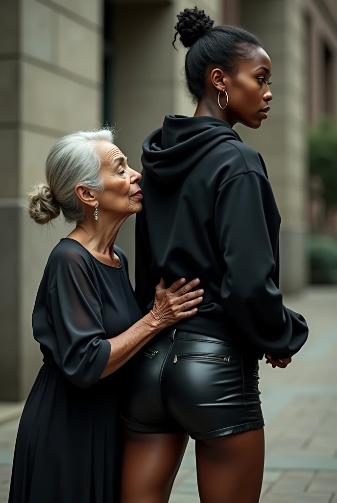 black woman hair in a bun black hoodie black leather short shorts rea;;y in shock as a old grandma in a dress on her knees kissing her ass behind her hand is in her ass holding her ass