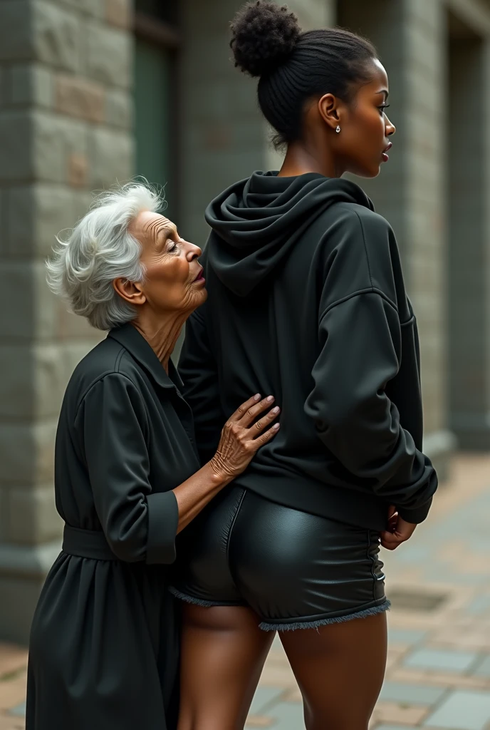 black woman hair in a bun black hoodie black leather short shorts rea;;y in shock as a old grandma in a dress on her knees kissing her ass behind her hand is in her ass holding her ass