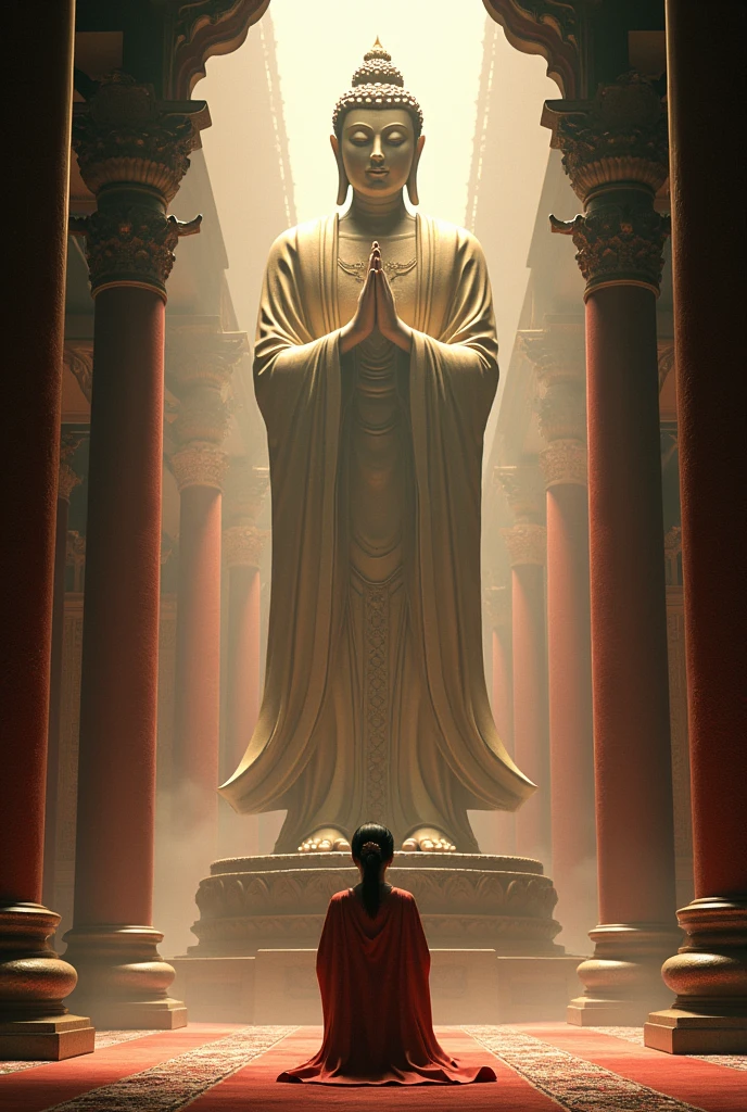 woman kneeling under the statue of Bodhisattva Avalokitesvara