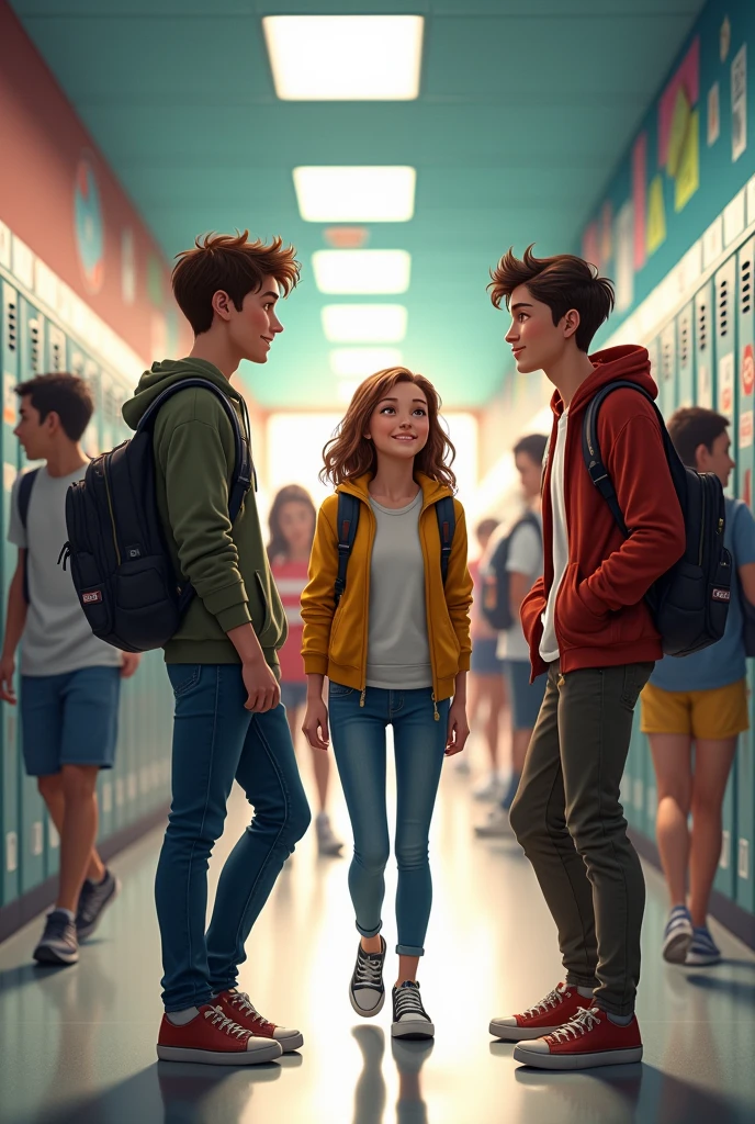 In the hallways of a high school. Daniel (man) is talking to Alex(man) as they walk through the halls. Lucia approaches them