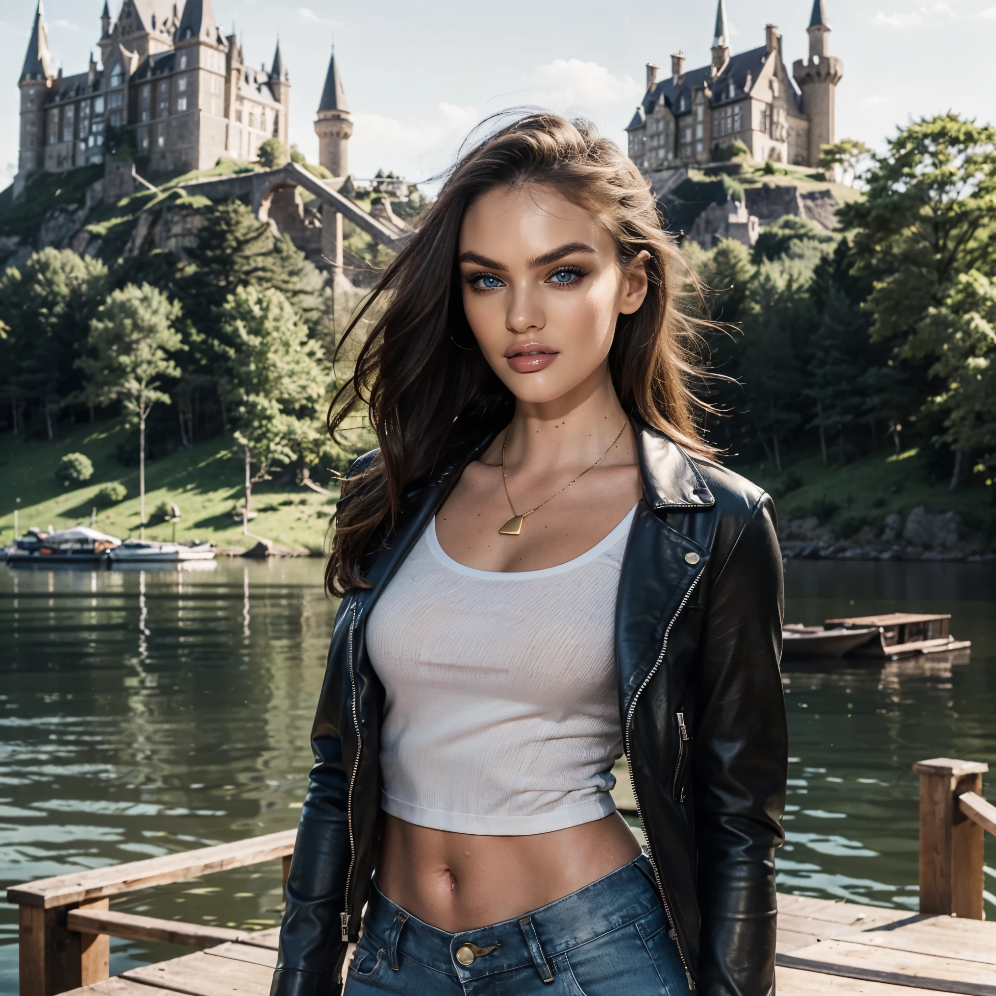 (Best Quality), (ultra-detailliert), (master piece), (hight resolution), 16K resolution, 1 woman, 20 years old, Candice Swanepoel, looking at viewer, close up shot, view from above, sassy smile, radiant smile, seductive, lustful facial expression, confident, (Her outfit includes an open short black leather jacket, which is both sleek and closely cut. It has a modern cut, emphasizing her slender figure and adding a sharp, stylish element to her attire.) wears white cropped tanktop beneath the leather jacket, golden necklace, tight blue jeans, tight-fitting belt with golden buckle, wears golden bangles, wears golden bracelet, ((blue eyes, detailed eyes)), blond hair, long wavy hair, (beautiful and detailed face), slender waist, thin body, narrow shoulders, clean sunbuthed skin, The scene is set on the wooden dock extending over the calm lake, with Hogwarts castle visible in the distance atop a dominant hill. The surrounding environment features a lush forest bordering the gravel path that leads from the dock to the castle. Hogwarts castle, wooden dock, tranquil lake, steep hill, lush forest, gravel path.