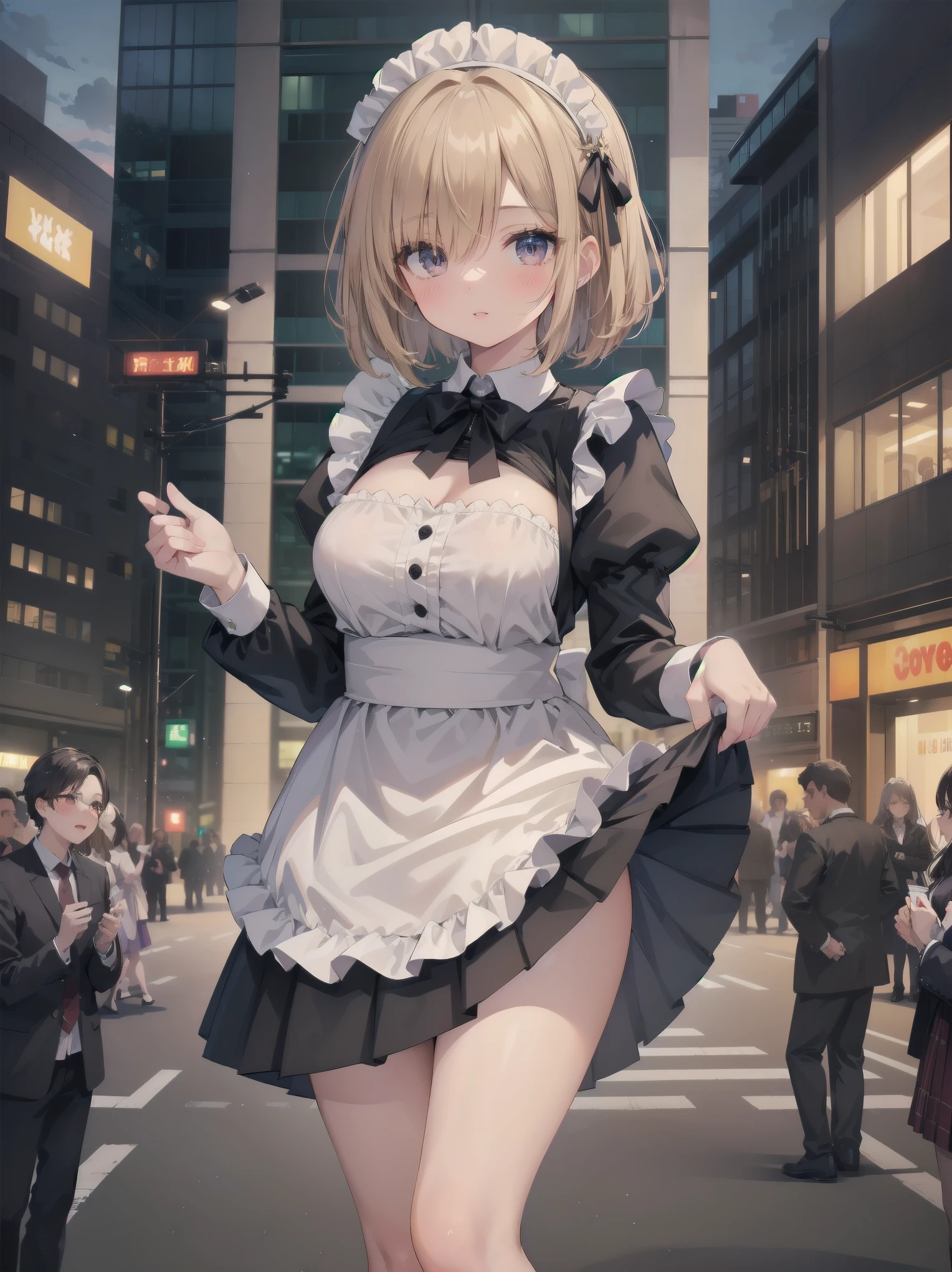 Highly detailed CG Unity 8k wallpaper, Top quality, Highly detailed, Masterpiece, Highly detailed pretty girl, , (((lifting skirt by herself))), (lifting skirt by herself)), dynamic angles, sexy pose, blush, lips apart, looking at audience, half body shot, (crowd), (crowded big city)), hair over one eye, immaculate beauty, less revealing maid outfit, classical maid fashion