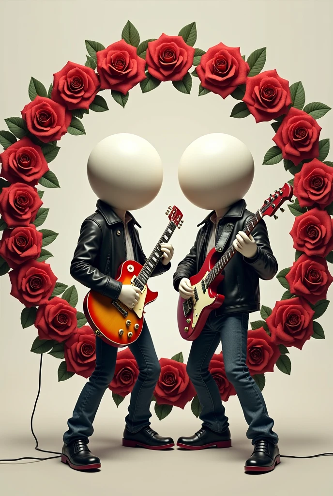 Create two characters that are chess pawns wearing a leather jacket and holding an electric guitar.. The head should be spherical without eyes similar to a real chess pawn and without legs but like the base of a real chess pawn... The base, The head and hands must be white.... Surround the characters with a circular garland of red roses like the Guns N' Roses band logo.'n roses